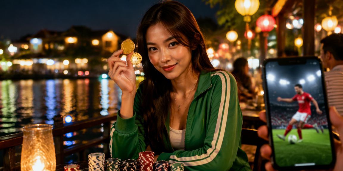 Người chơi tại Hội An theo dõi kèo thể thao và đặt cược qua điện thoại tại quán cà phê buổi tối